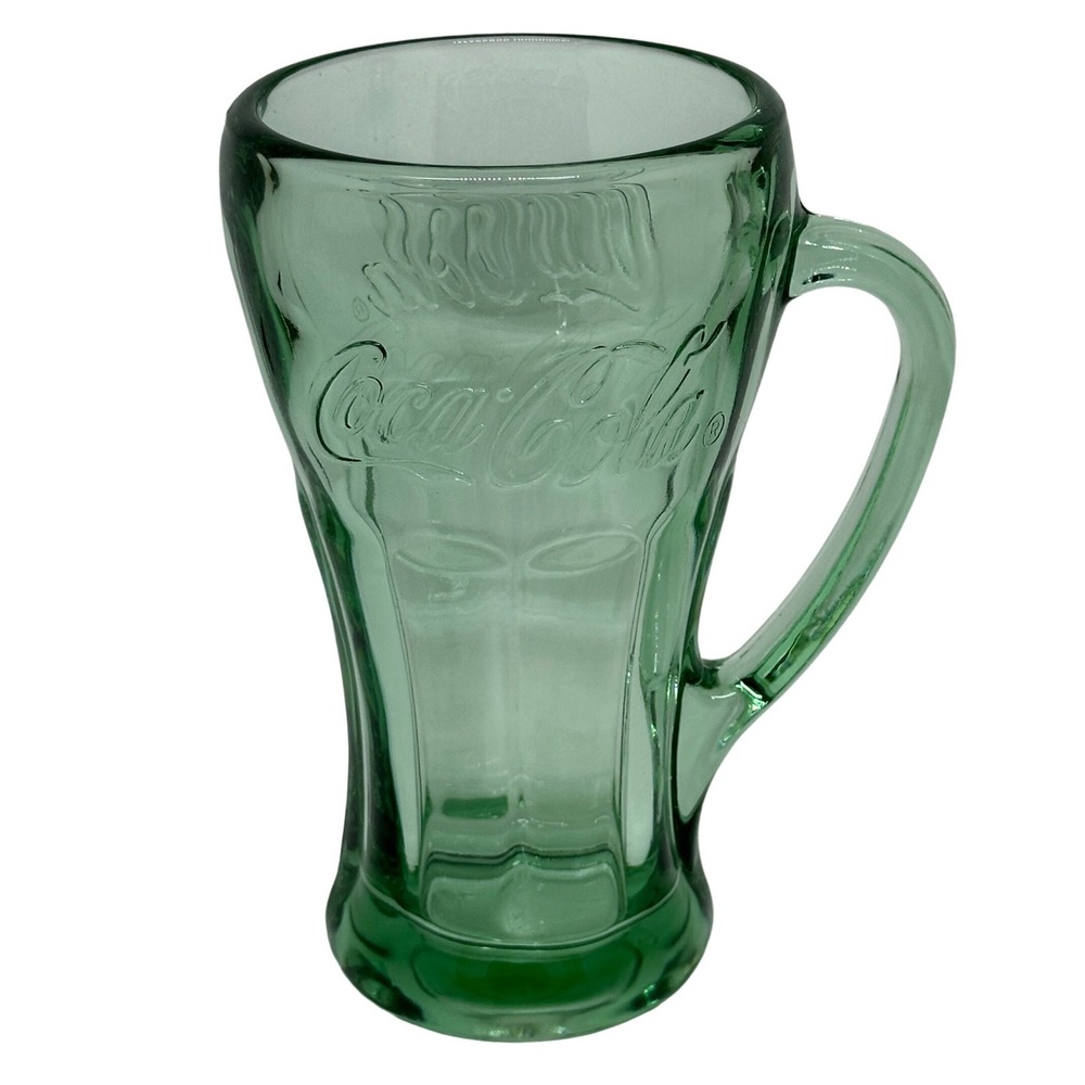 Coca-Cola Glass Mug Green Georgia Green‎ Embossed Logo Heavy Glass Handled Cup